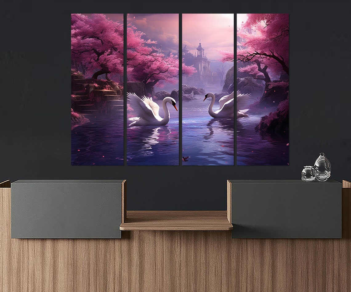 Two White Swans On A Fantasy Lake With Pink Cherry Blossoms Poster - Image 4
