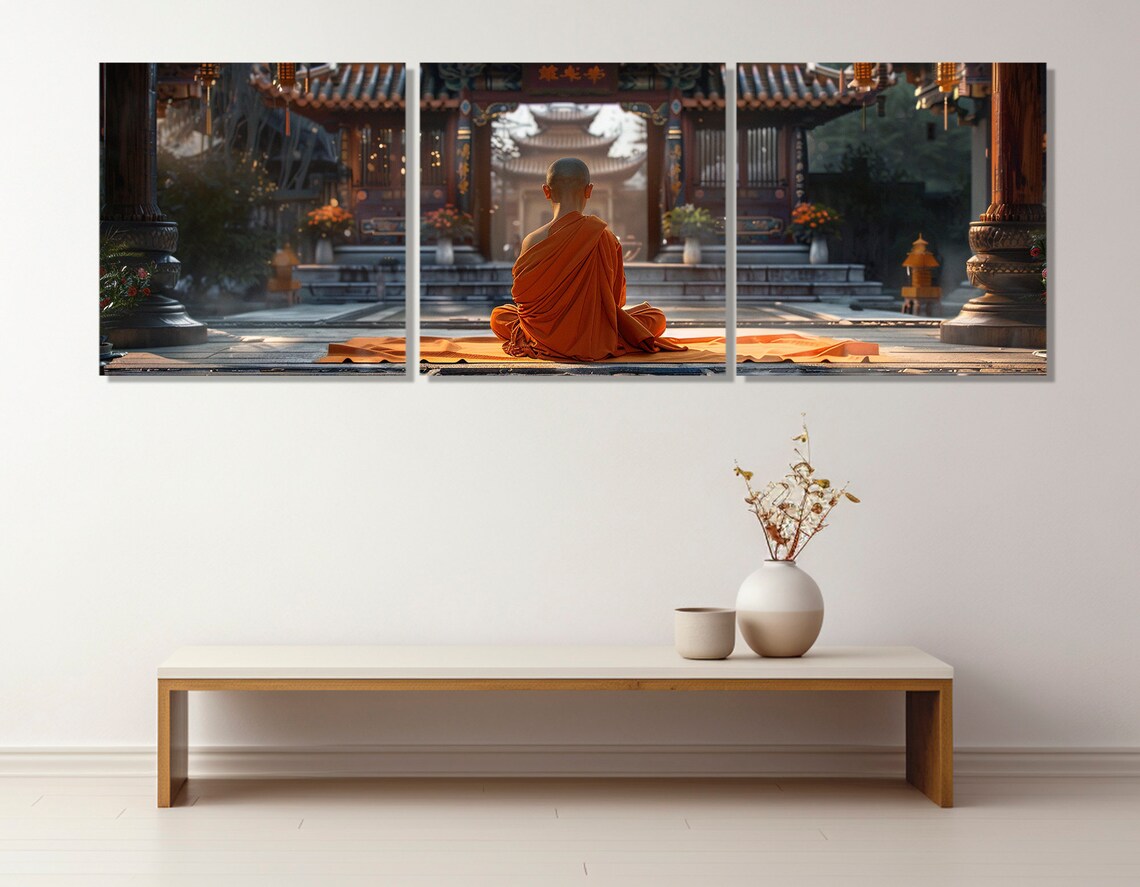 Buddhist Monk Meditating Orange Robes Asian Temple Zen Spiritual Wall Art - Image 4