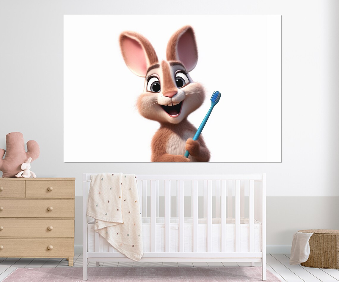 Cute Rabbit With Toothbrush Cartoon Smile Dental Office Kids Wall Poster - Image 4