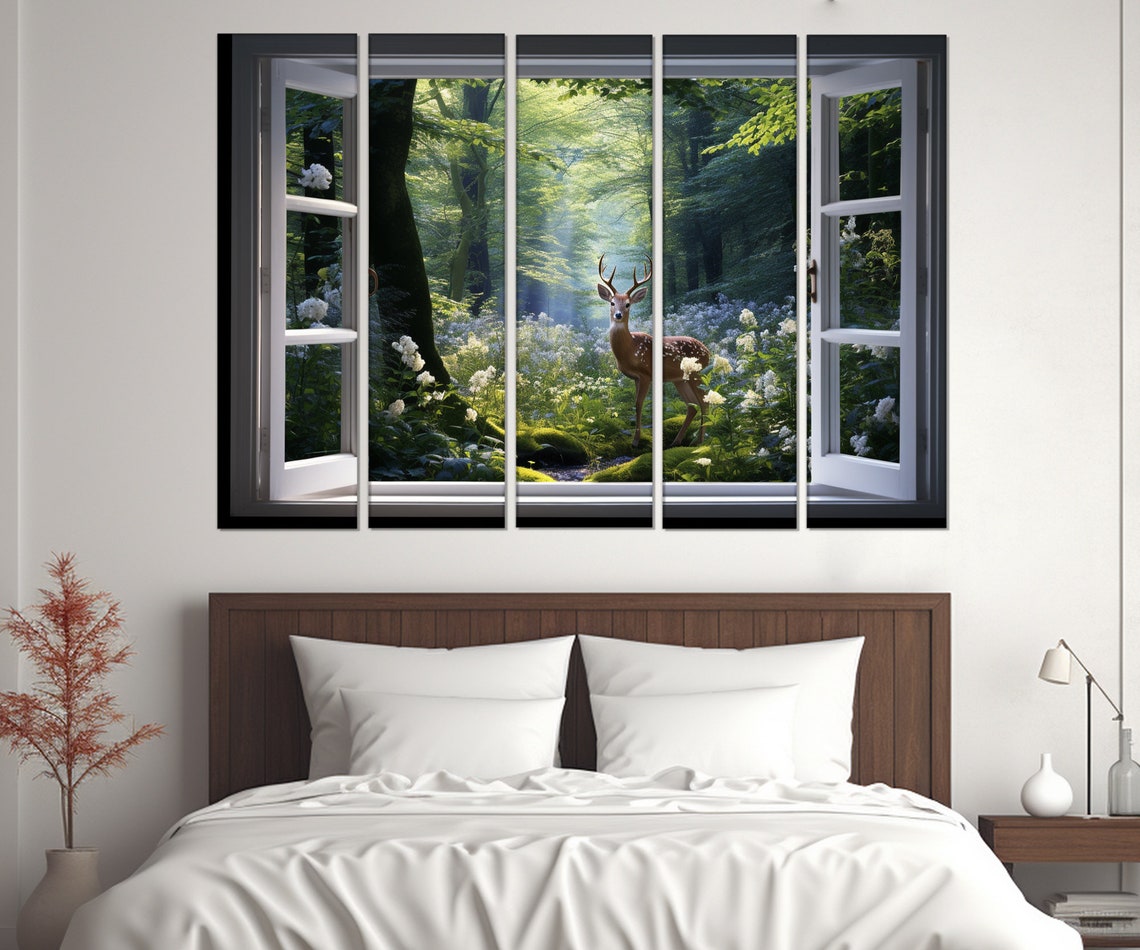 Stag With Antlers In Spring Forest Faux Window Blooming View Poster - Image 3