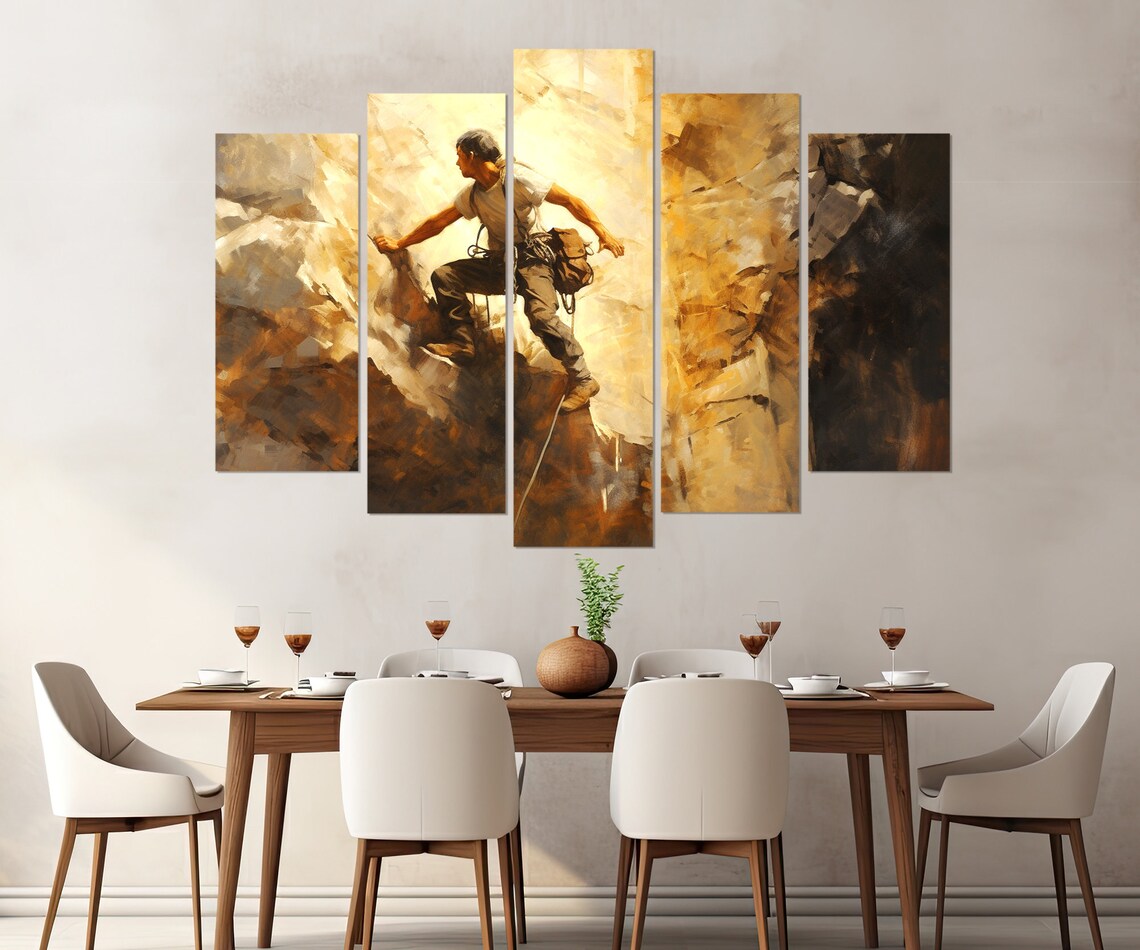 Rock Climber Ascending Sunlit Golden Cliff Oil Painting Sports Wall Poster - Image 2