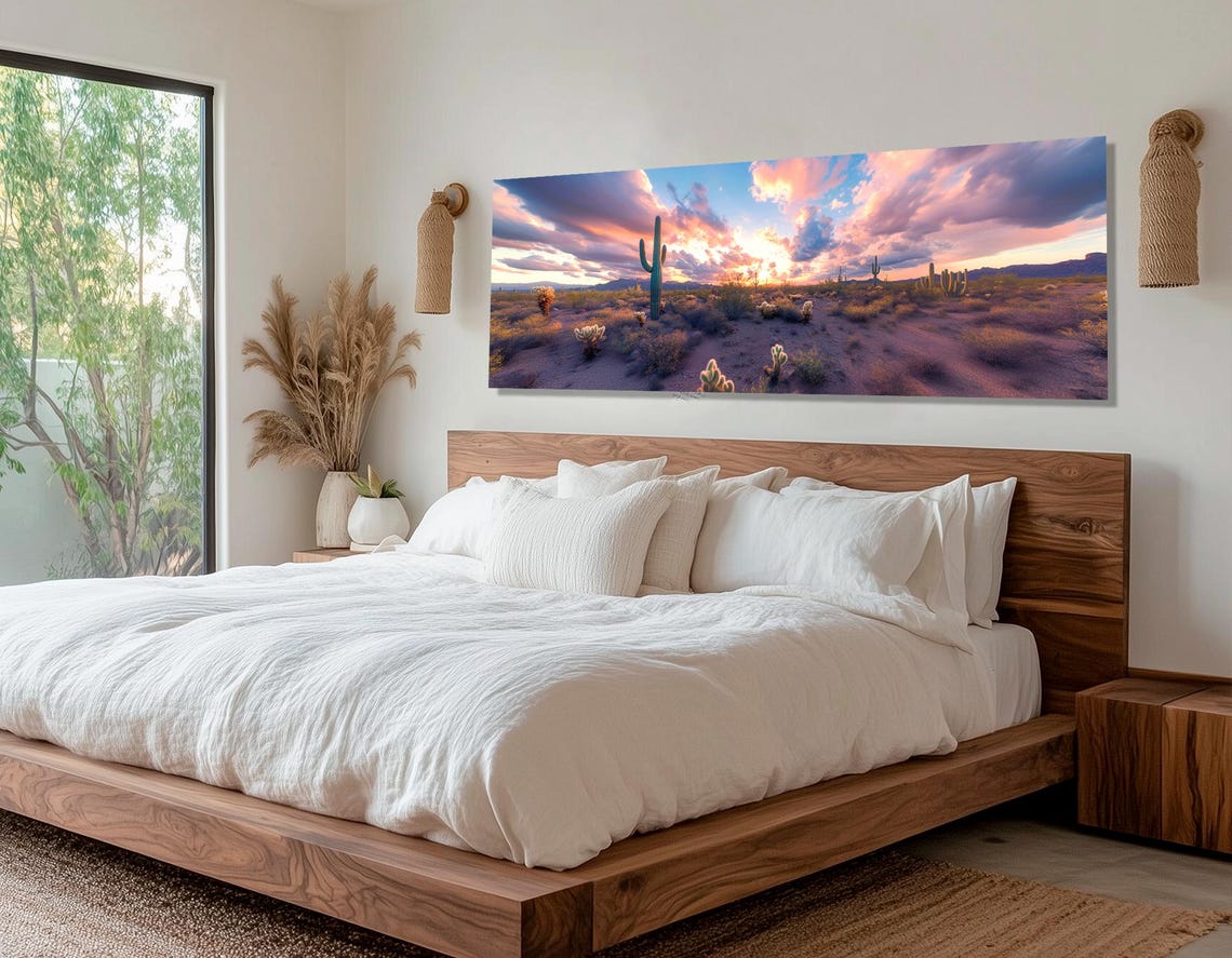 Desert Cactus Sunset Saguaro Pink Clouds Panoramic Landscape Poster - Image 2