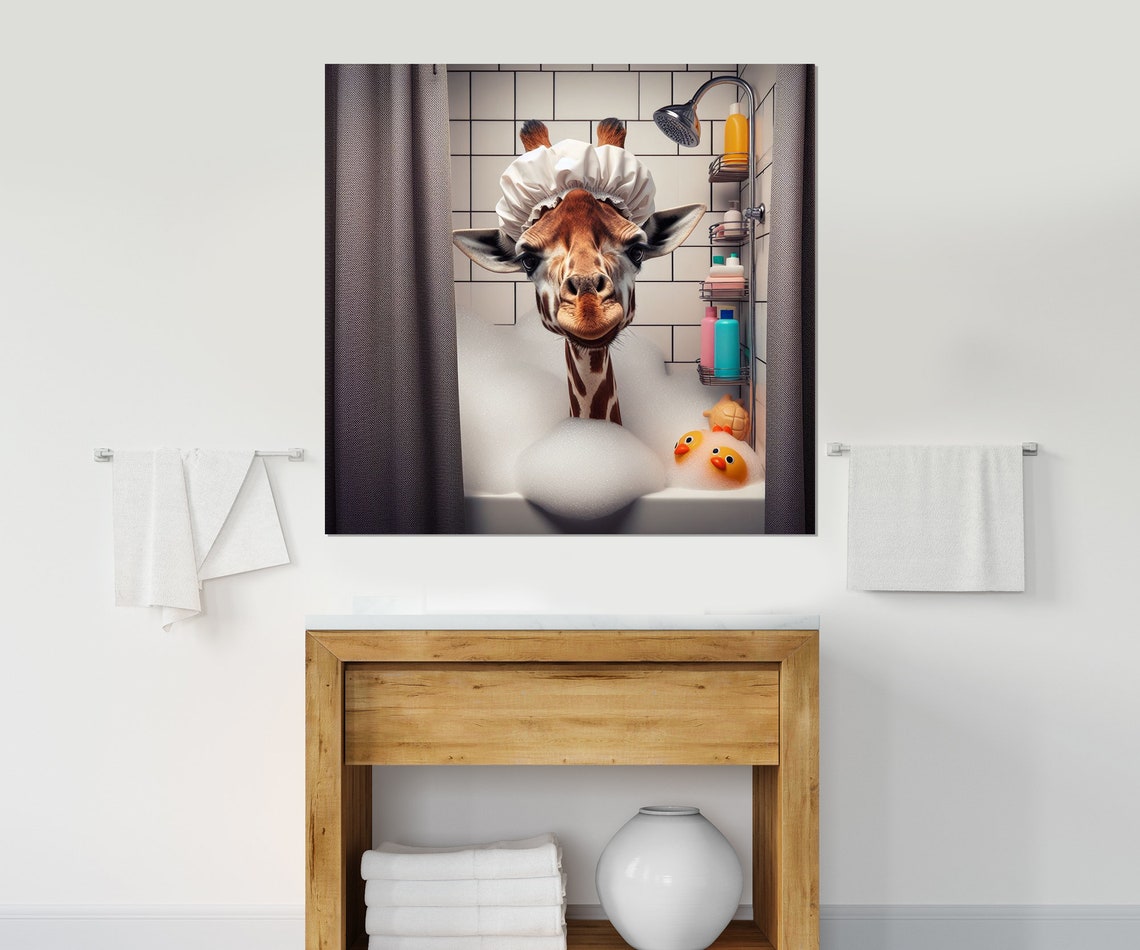 Cute Giraffe With Shower Cap Bubble Bath Rubber Ducks Animal Poster - Image 4