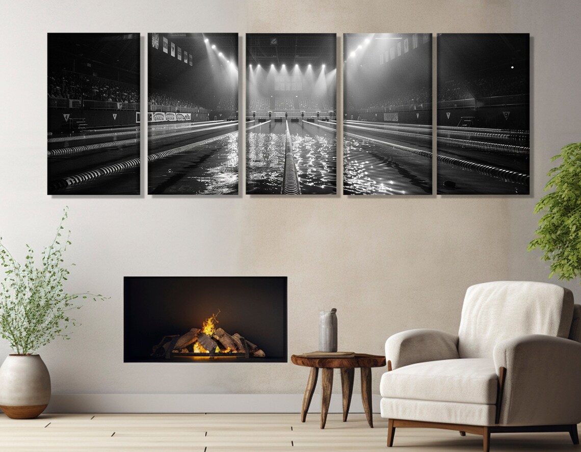 Black And White Olympic Swimming Pool Arena Night Lanes Sports Poster - Image 3