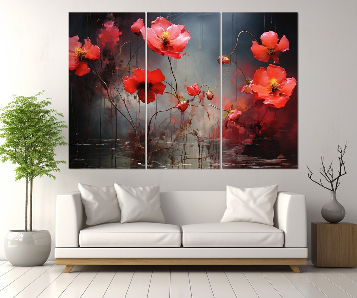 Red Poppies Abstract Floral Painting Dark Moody Blossom Art Poster - Image 2