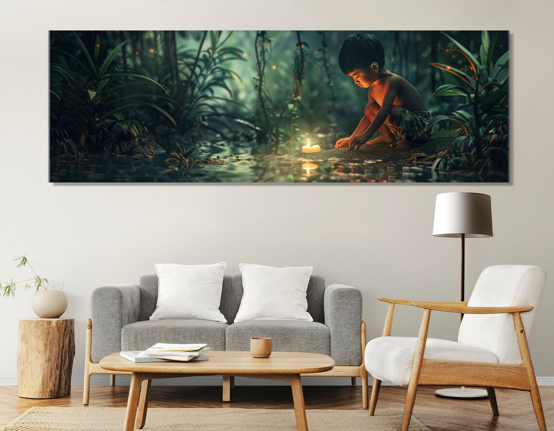 Boy With Candle In Dark Jungle Fireflies Cinematic Moody Poster - Image 2