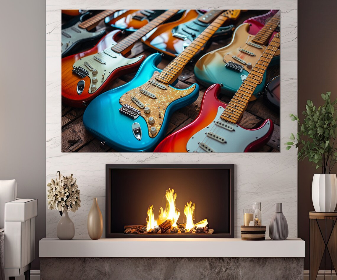 Colorful Electric Guitars Collection Close Up Music Studio Instruments Wall Art Print