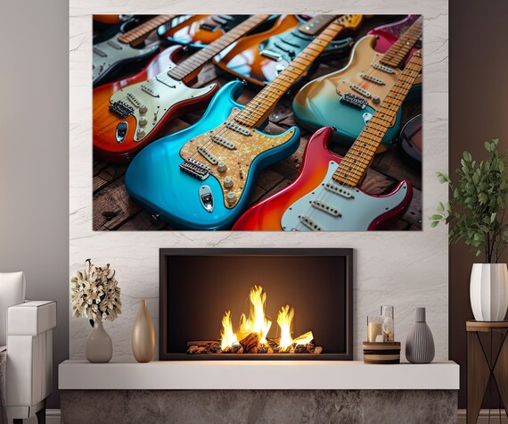 Colorful Electric Guitars Collection Close Up Music Studio Instruments Wall Art Print