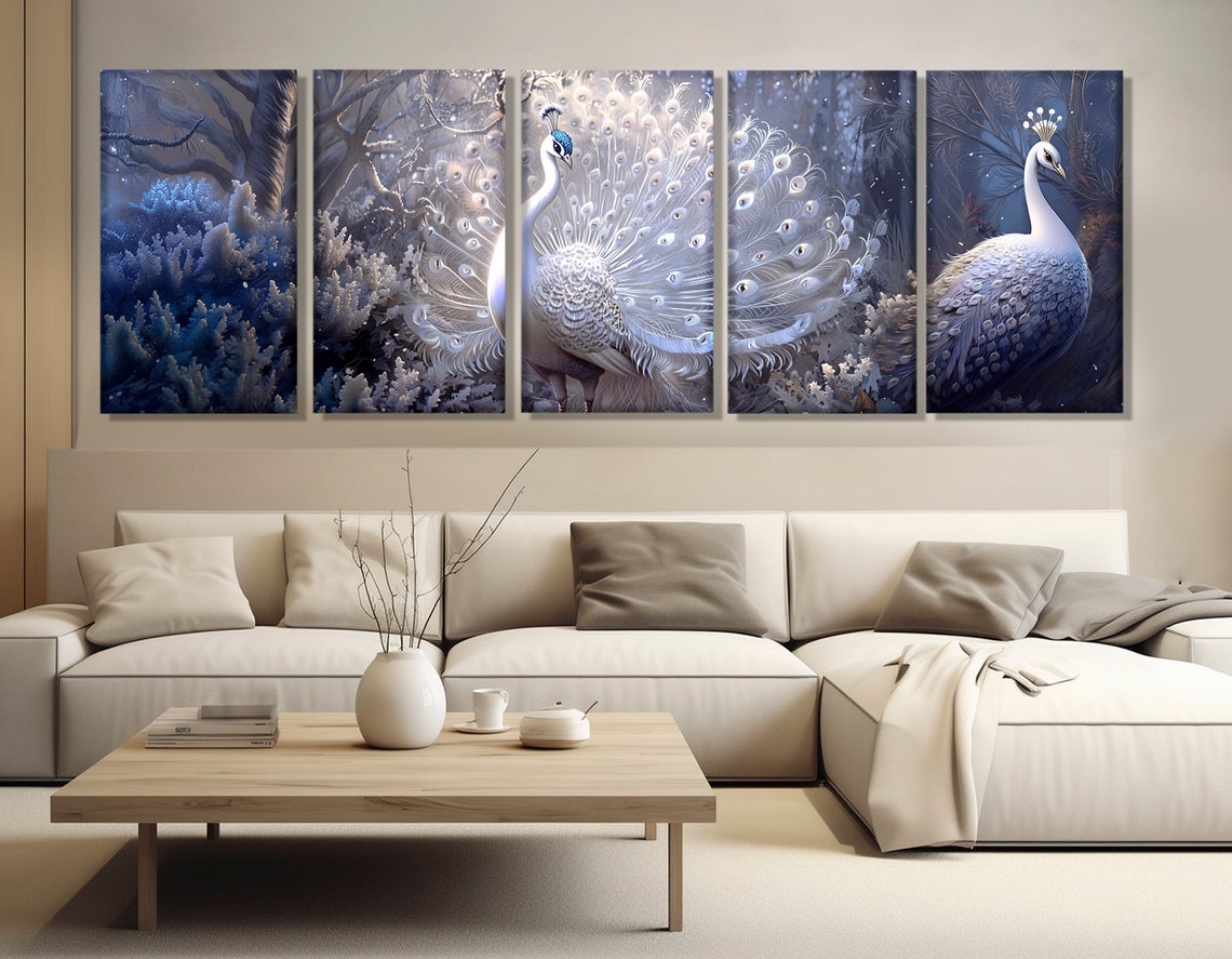White Peacocks Fantasy Winter Forest Panoramic Wildlife Art Poster - Image 2