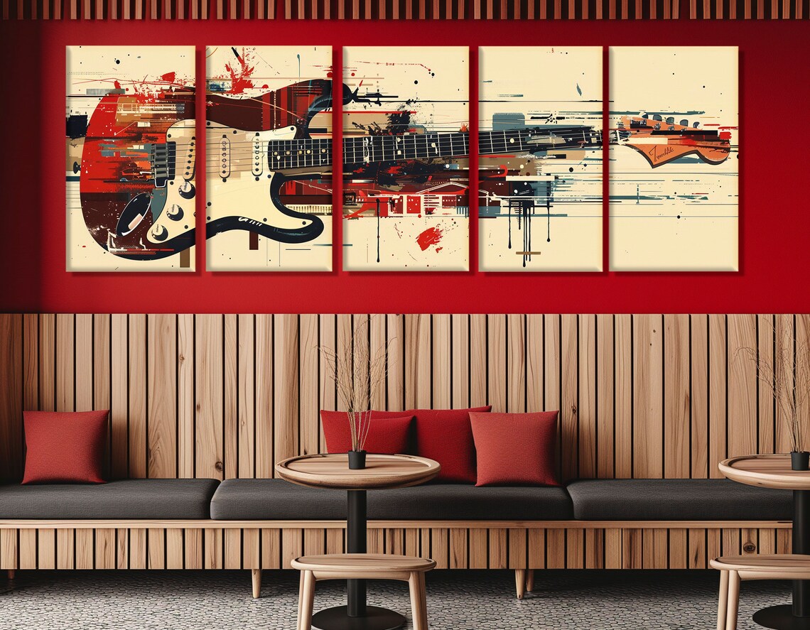 Red Electric Guitar Abstract Panoramic Pop Art Music Painting Wall Decor Print - Image 4
