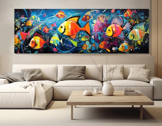 Colorful Fish Painting Print Abstract Underwater Print Underwater Wall Art School Of Fish Framed And Ready To Hang
