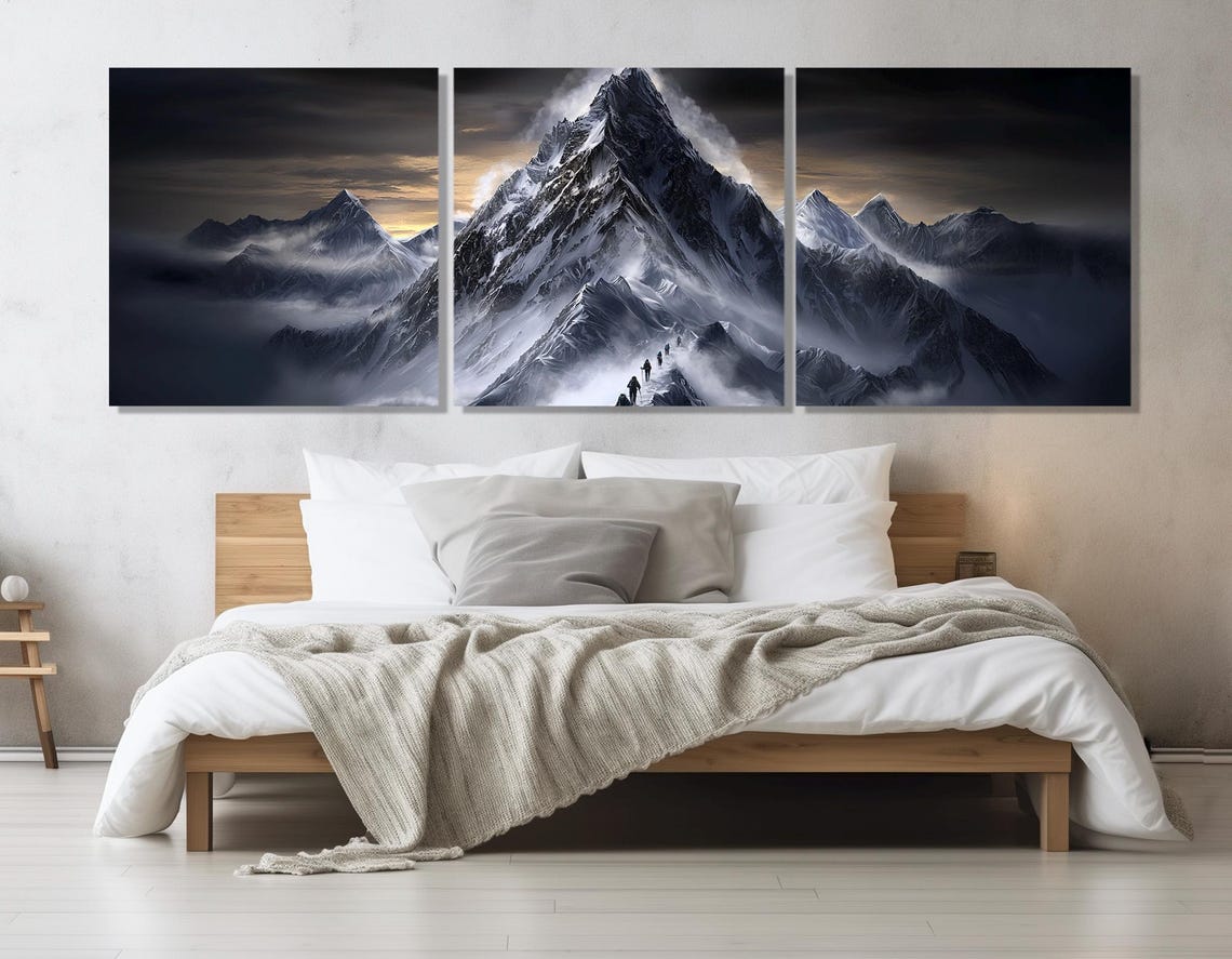 Mountain Climbers Snowy Summit Expedition Dramatic Triptych Poster