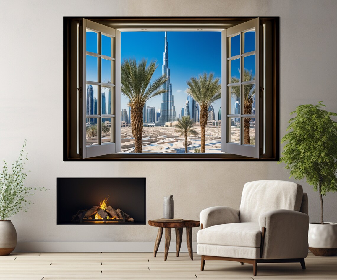 Dubai Burj Khalifa Skyline Palm Trees Open Window City View Poster - Image 4