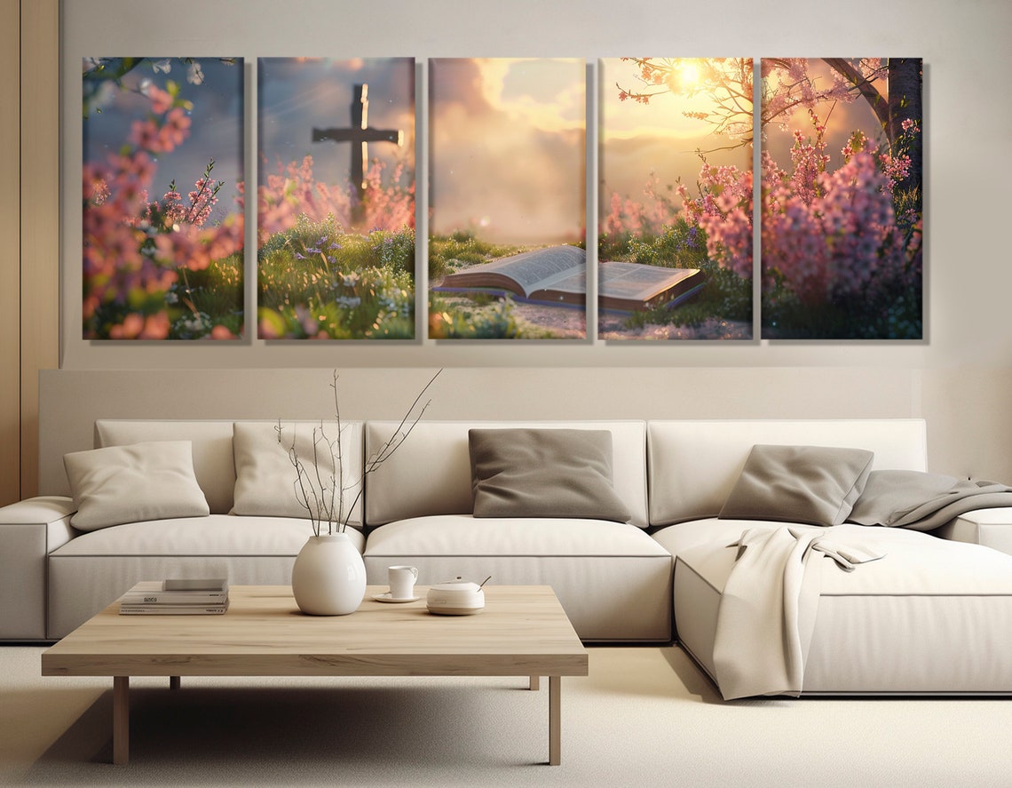 Open Bible Blooming Garden Sunrise Wooden Cross Spring Faith Wall Art - Image 3