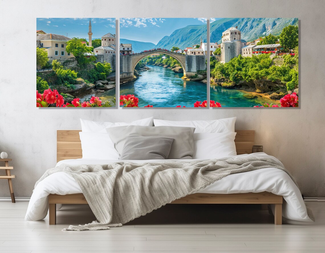 Mostar Old Bridge Stari Most Neretva River Red Flowers Bosnia Poster - Image 4
