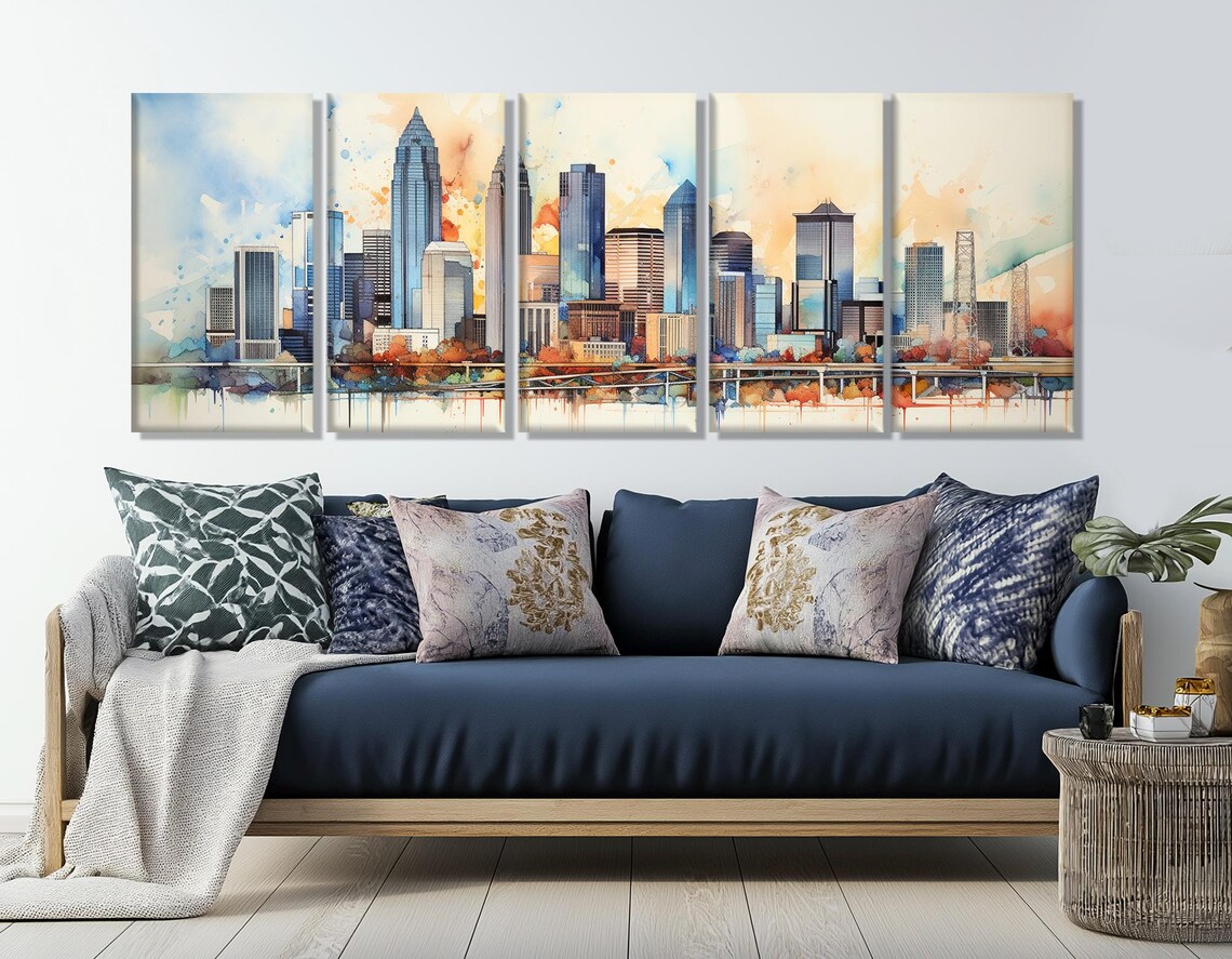 Charlotte Skyline In Colorful Watercolor Style Modern Cityscape Poster - Image 3