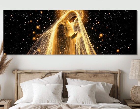 Virgin Mary Golden Veil Starry Night Glowing Religious Wall Art Print