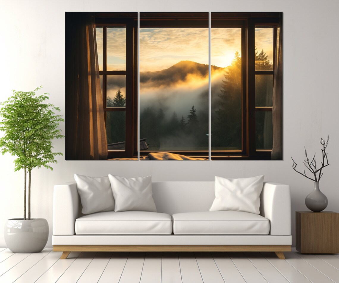 Mountain Sunrise Through Open Window Golden Fog Peaks View Poster - Image 2