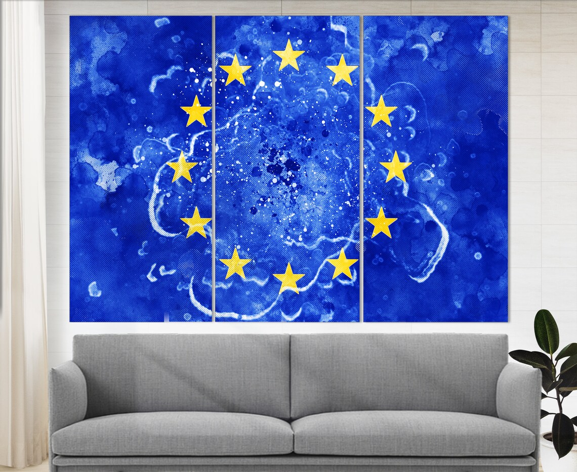 European Union Flag Grunge Watercolor Twelve Gold Stars Blue Poster - Image 2