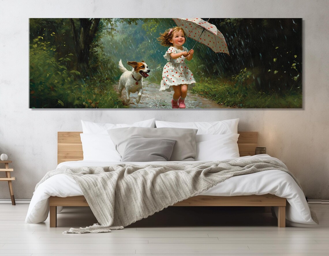 Happy Girl And Dog Playing In Rain Umbrella Cheerful Kids Art Print