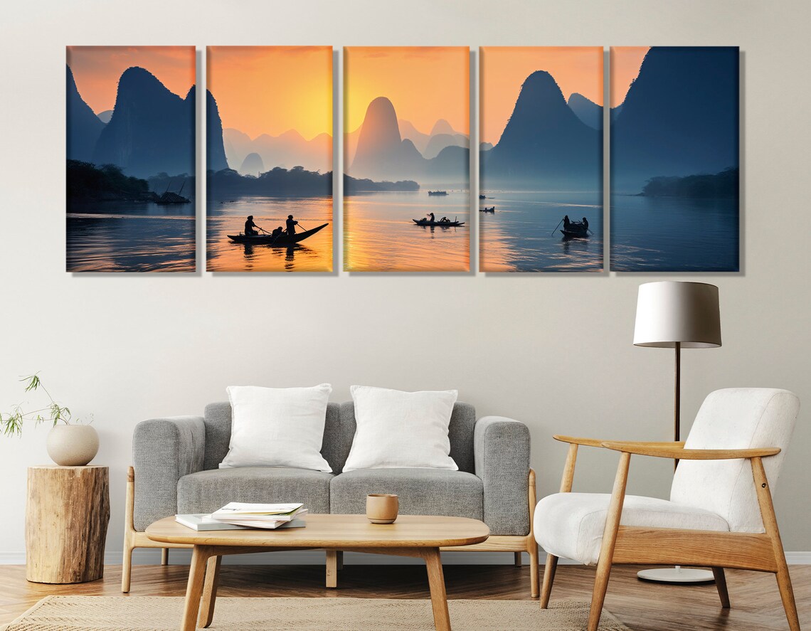 Li River Sunset Karst Mountains Fishermen Boats China Panorama Poster - Image 4