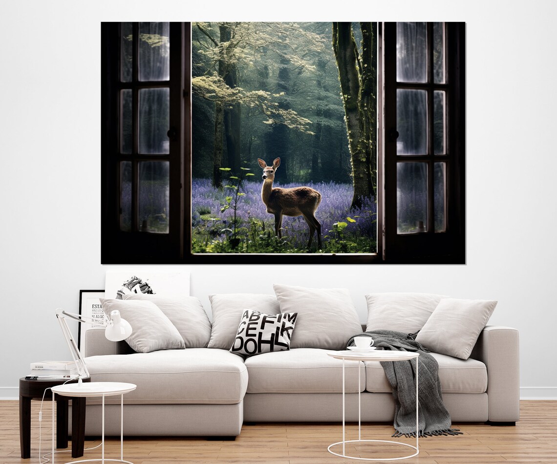 Deer In Wildflower Forest Faux Window View Nature Wildlife Scene Poster - Image 2