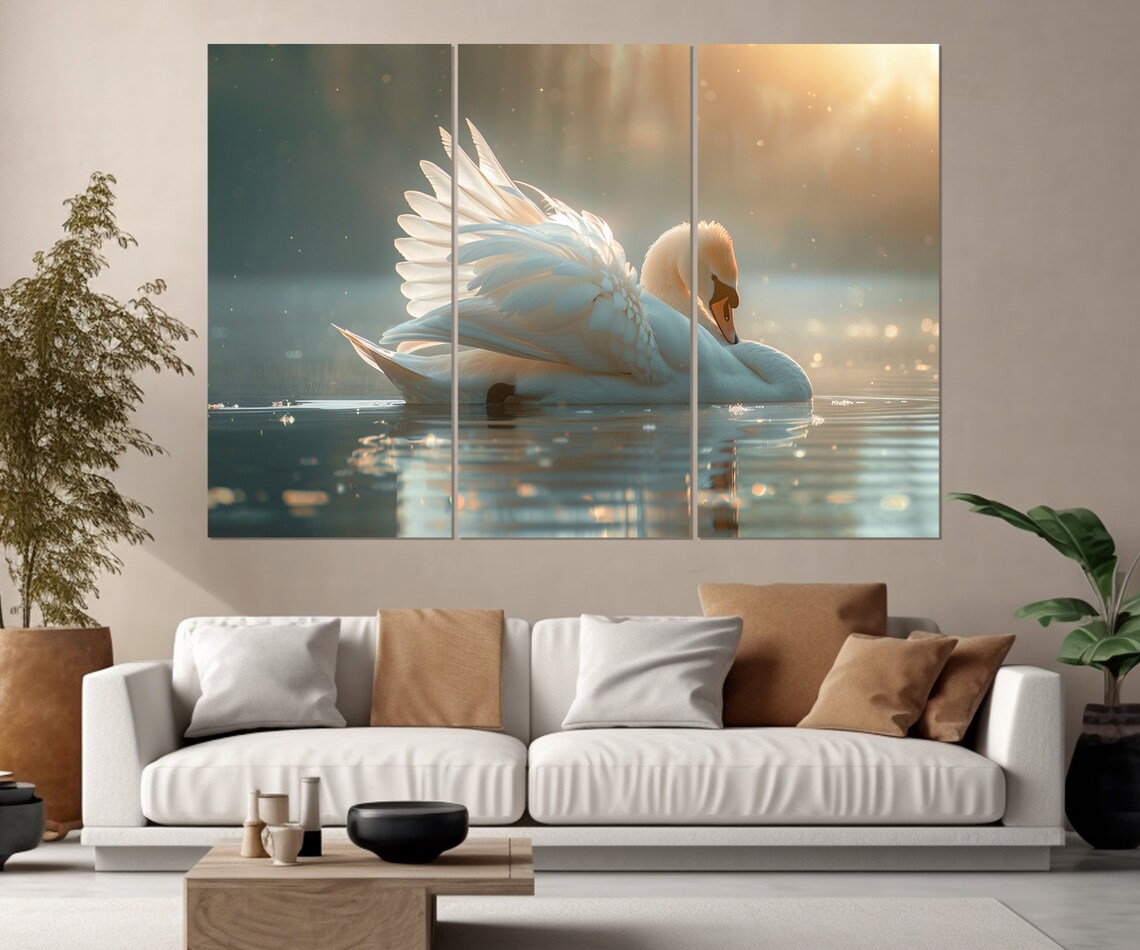 White Swan Spread Wings Golden Lake Sunset Elegant Bird Art Poster - Image 4