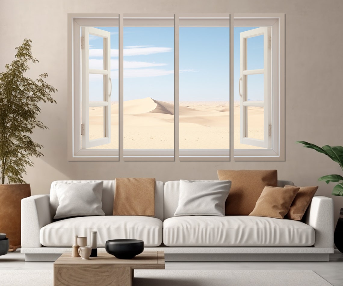 Golden Desert Dunes Open Window Sand Horizon Minimalist Wall Poster - Image 2