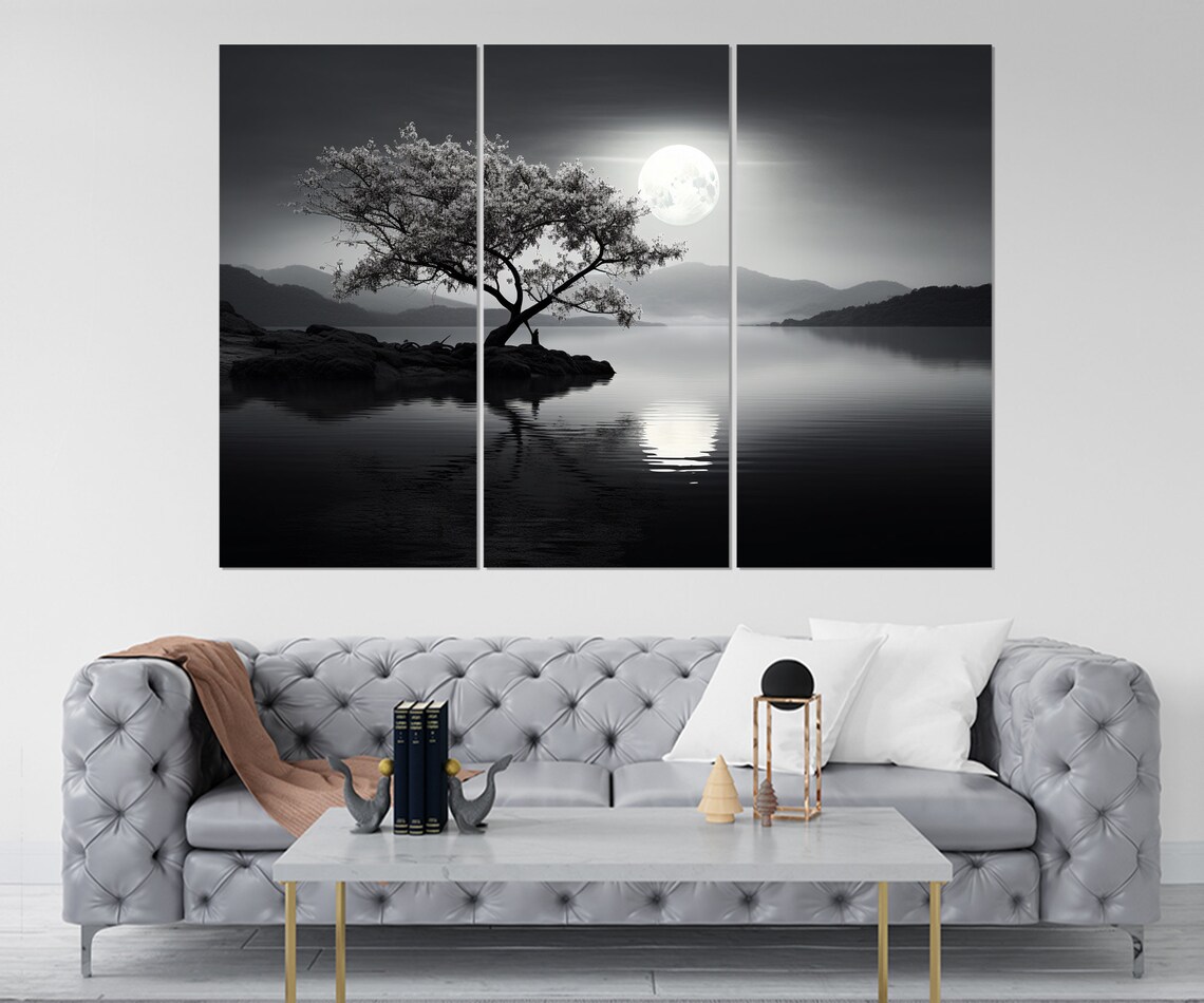 Abstract Tree Under The Moon Black And White Print Contemporary Wall Decor Framed And Ready To Hang - Image 4