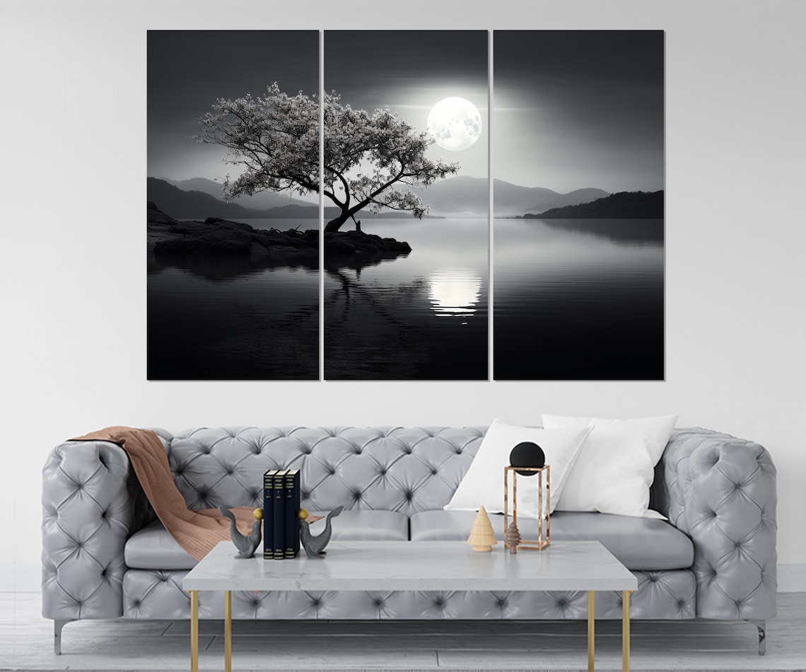 Black And White Lone Tree On A Moonlit Lake Island At Night Poster - Image 4