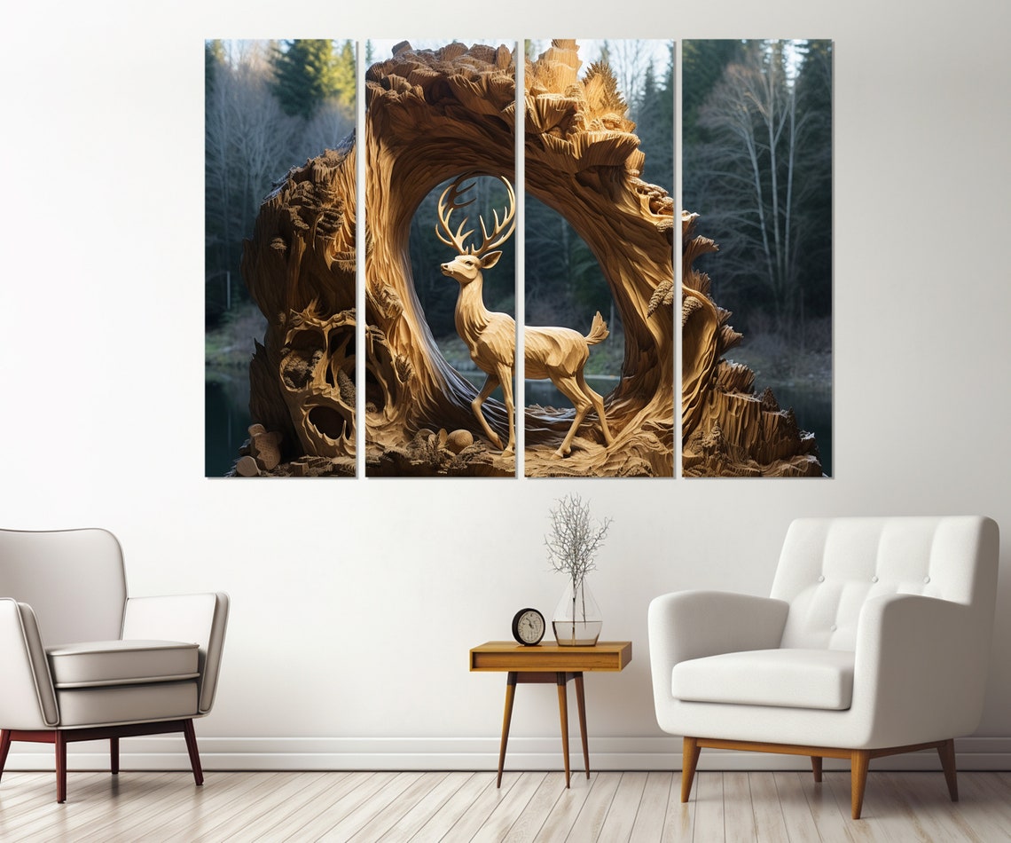 Carved Wooden Stag Deer Tree Trunk Arch Forest Sculpture Art Poster - Image 4