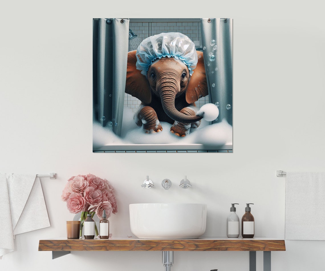Baby Elephant With Blue Shower Cap Bubble Bath Playful Animal Poster - Image 3