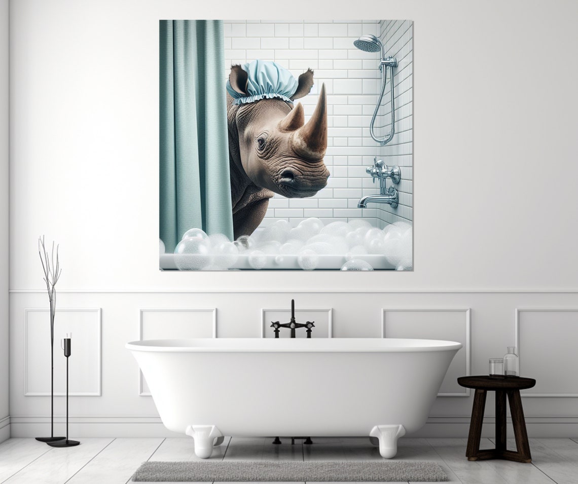 Gentle Rhino With Blue Shower Cap Peeking From Shower Curtain Poster - Image 4