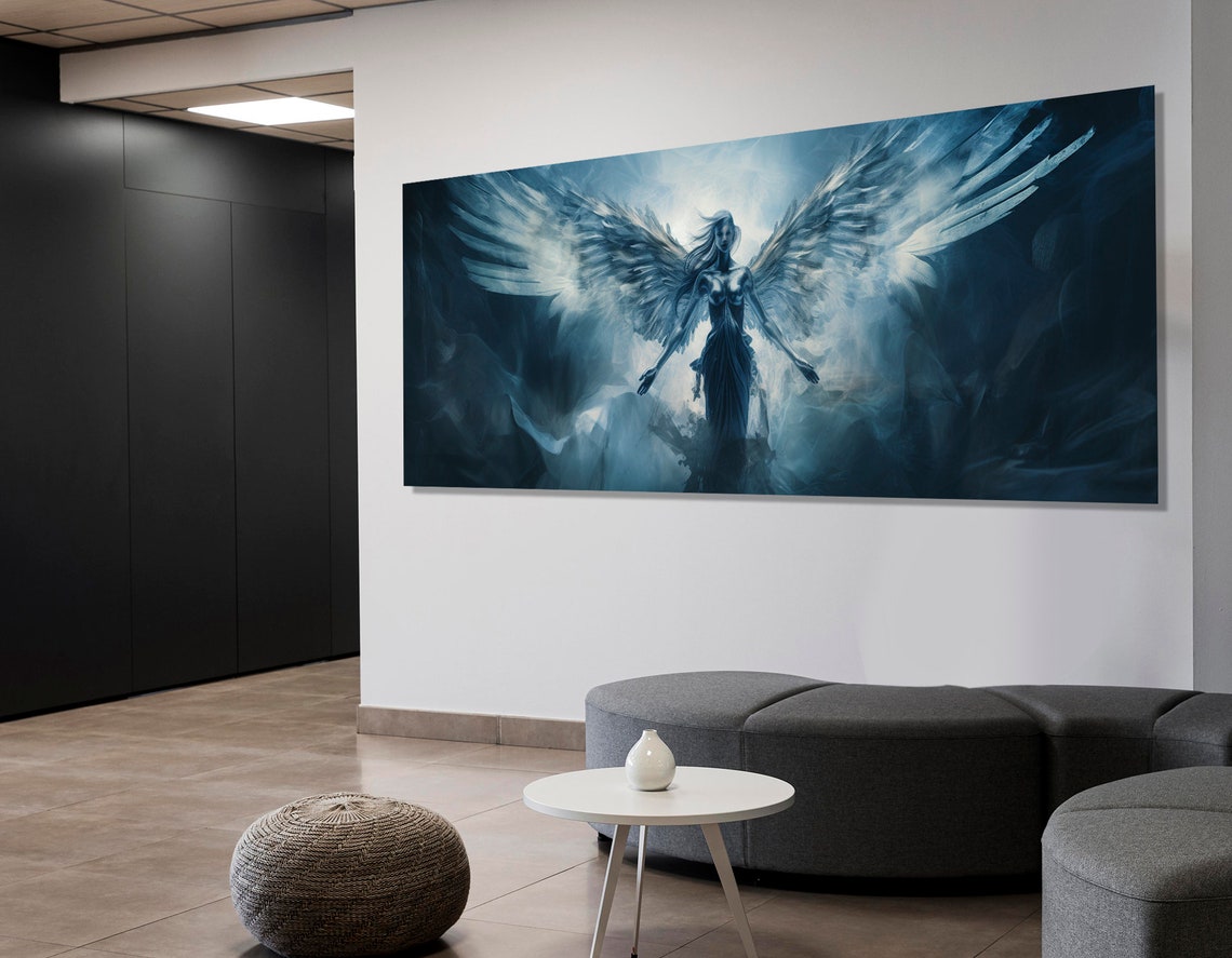 Dark Blue Angel With Spread Wings Ethereal Clouds Fantasy Art Poster - Image 3