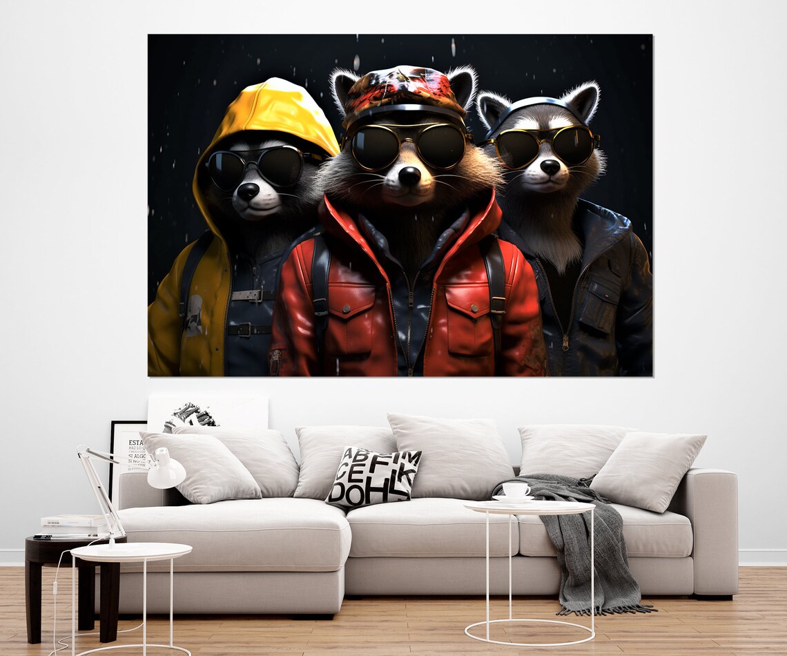Cool Raccoons in Leather Jackets Sunglasses Funny Teen Room Art Poster - Image 2