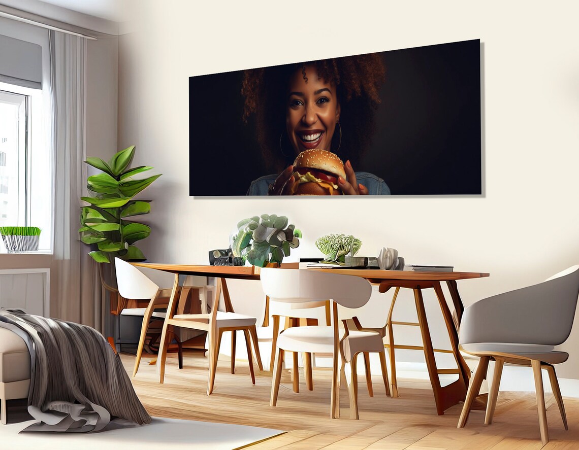 Happy Woman Eating Cheeseburger Fun Food Photography Kitchen Decor Poster - Image 3