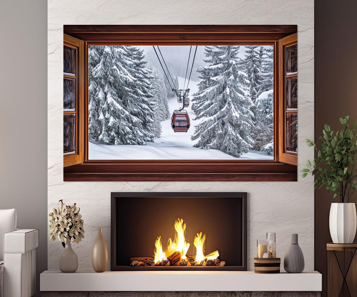 Winter Cable Car Faux Window Snowy Forest Mountain View Poster