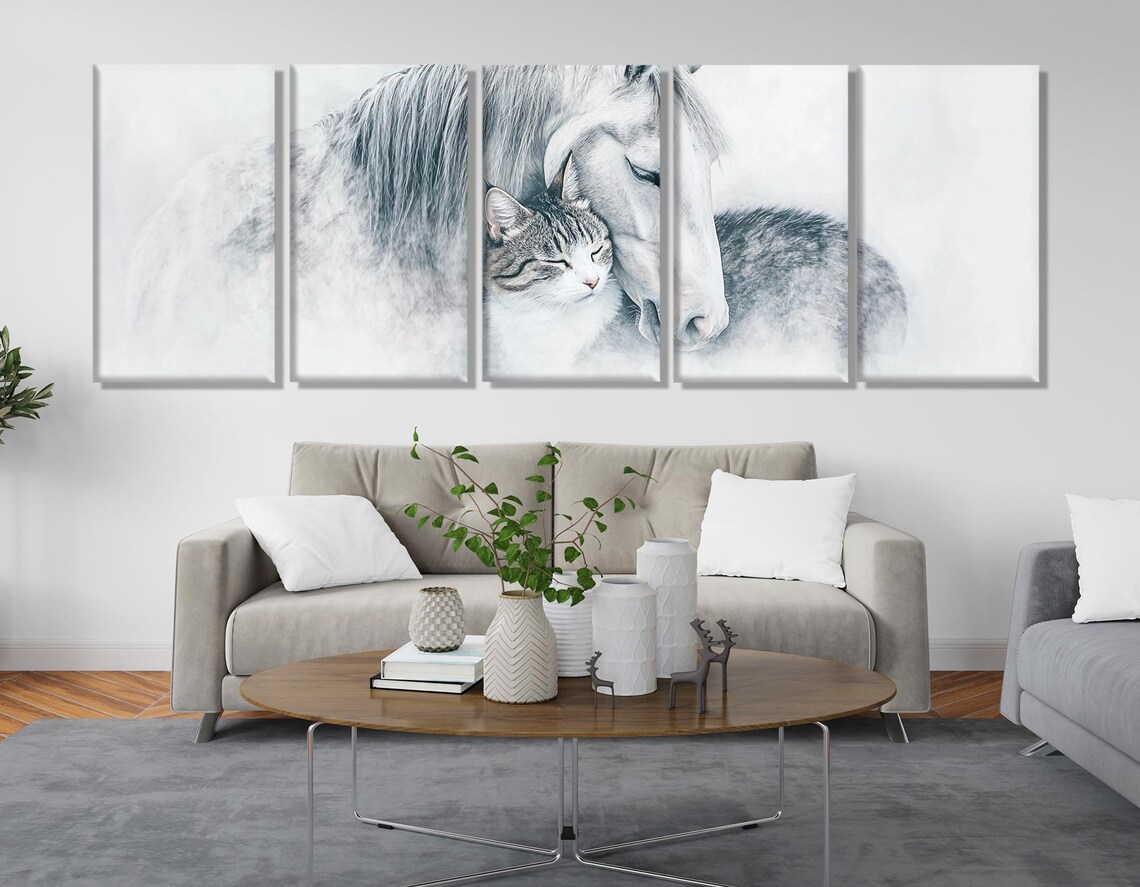 White Horse And Tabby Cat Nuzzling Tender Animal Friendship Art Print - Image 2