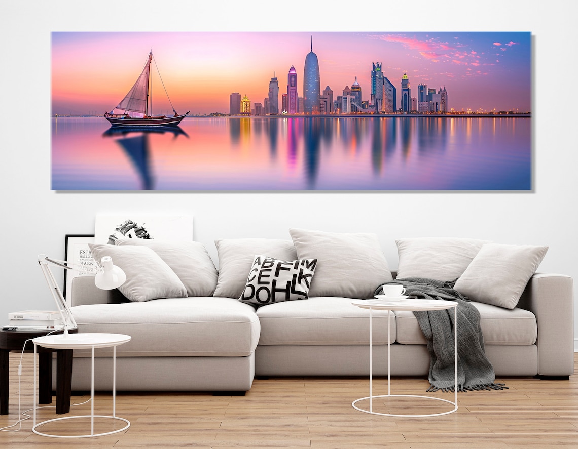 Arabian Gulf Skyline Sunset Dhow Boat Water Reflections Travel Poster