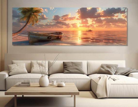 Old Boat On Sunset Beach Print Boat Painting Vintage Boat Wall Art Tropical Landscape Art Framed And Ready To Hang
