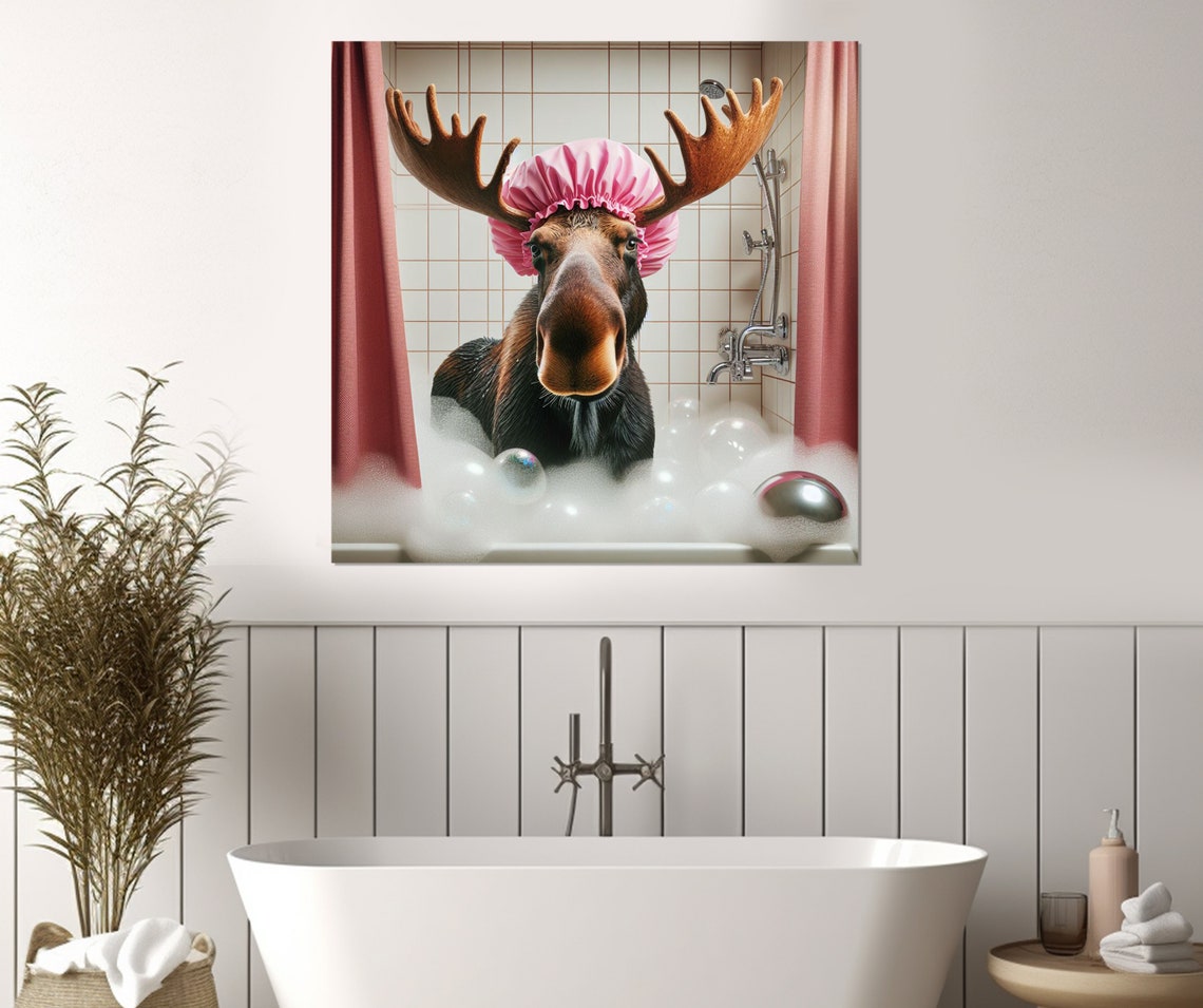 Funny Moose in Pink Shower Cap Bubble Bath Antlers Bathroom Poster - Image 2