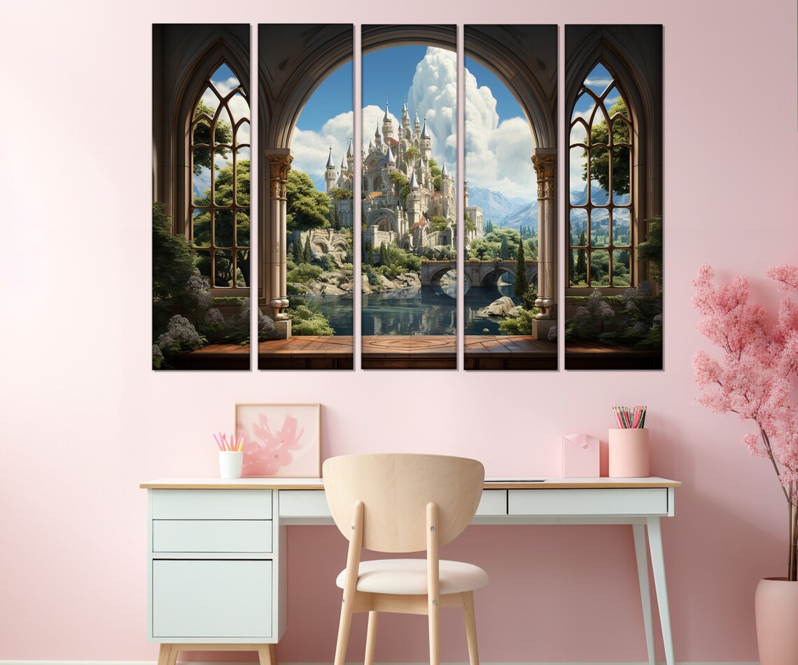Fairytale Castle Through Gothic Stone Window Bridge Lake Fantasy Wall Poster - Image 2