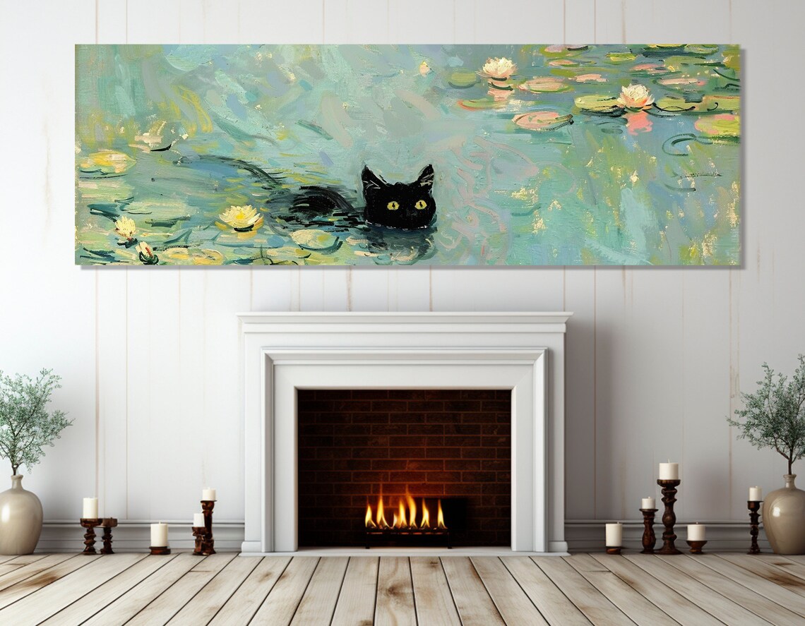 Black Cat Swimming In Water Lilies Monet Style Impressionist Poster - Image 4