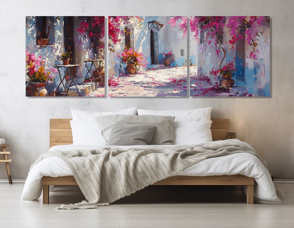 Scenic Greek Island Street With Pink Flowers Painting Print Santorini Street Painting Oia Village Wall Art Framed Ready To Hang - Image 3