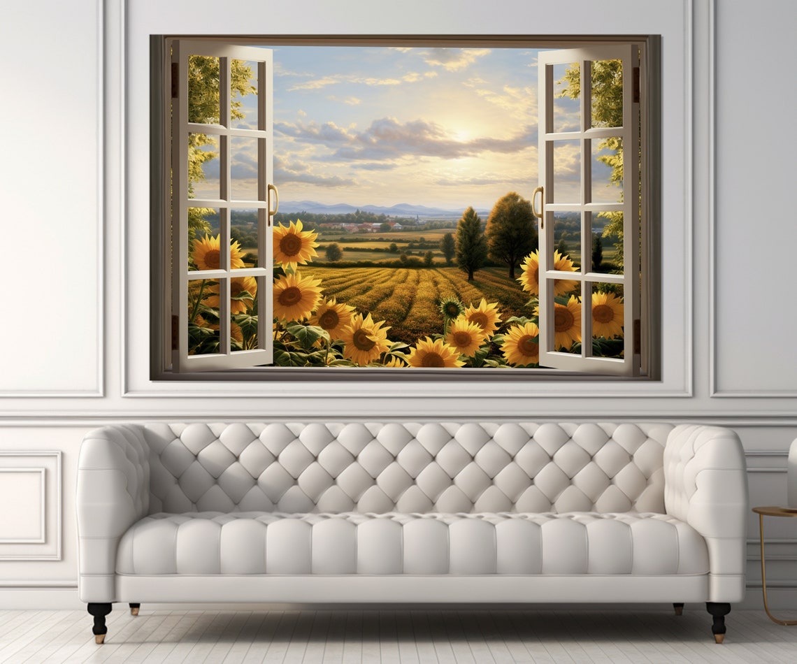 Open Window Sunflower Field Sunset Countryside View Faux Window Poster