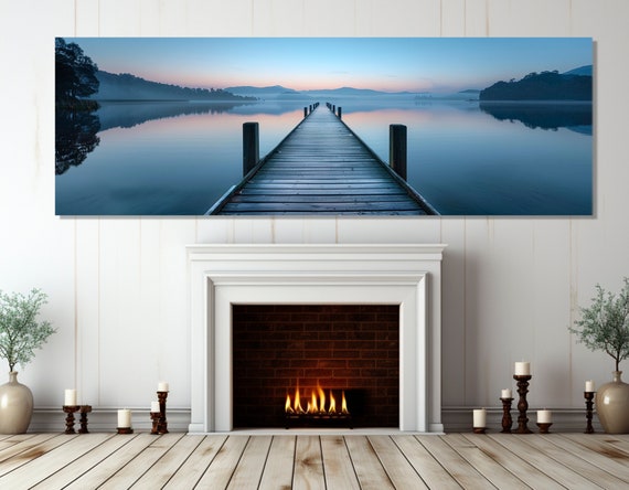 Scenic Wooden Lake Bridge Print Large Lake Painting Evening Lake Wall Art Nature Landscape Print Framed And Ready To Hang
