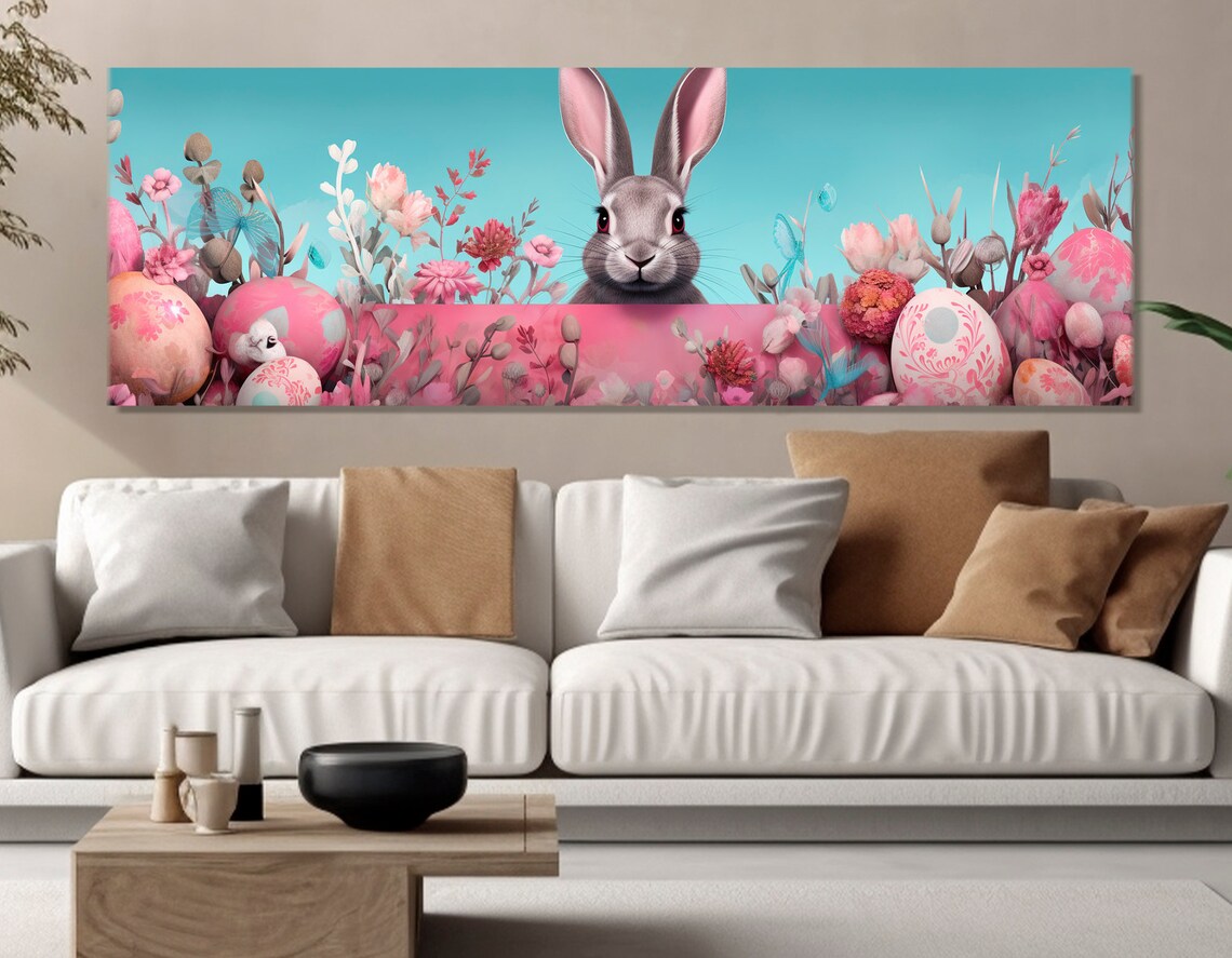 Easter Bunny Pastel Pink Floral Panoramic Nursery Springtime Wall Art Poster
