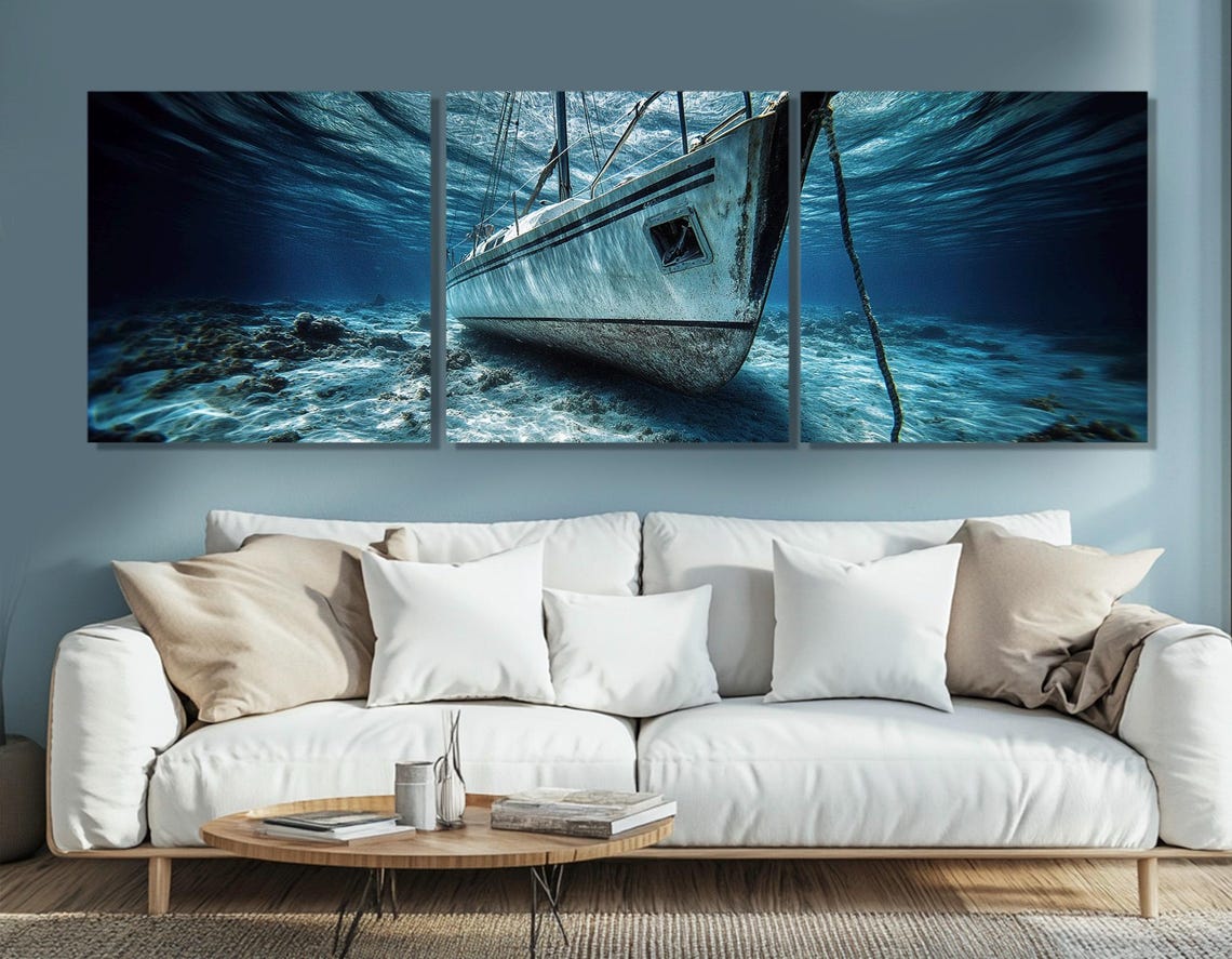 Sunken Yacht Shipwreck Deep Blue Underwater Seabed Diver Art Poster - Image 4