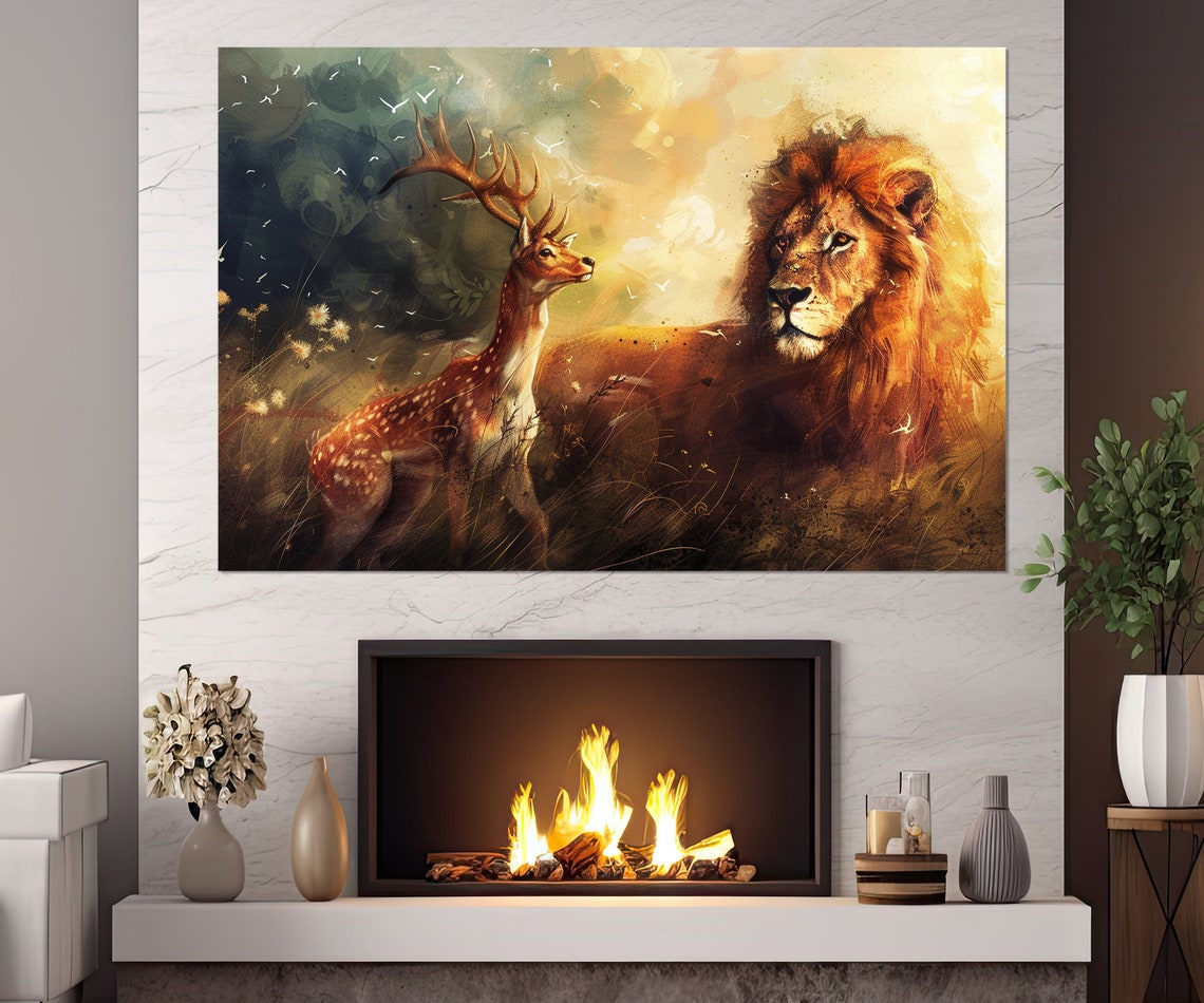 Deer And Lion Friendship Painting Warm Golden Wildlife Wall Poster