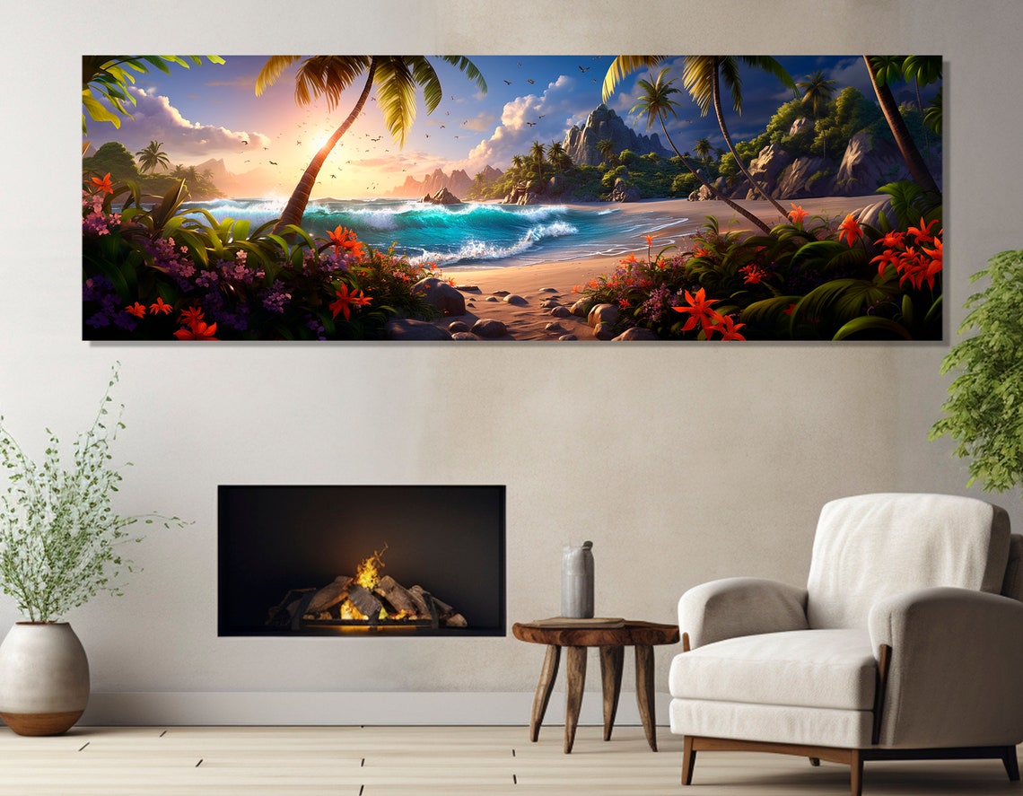 Tropical Beach Sunset Palm Trees Rocky Island Panoramic Poster